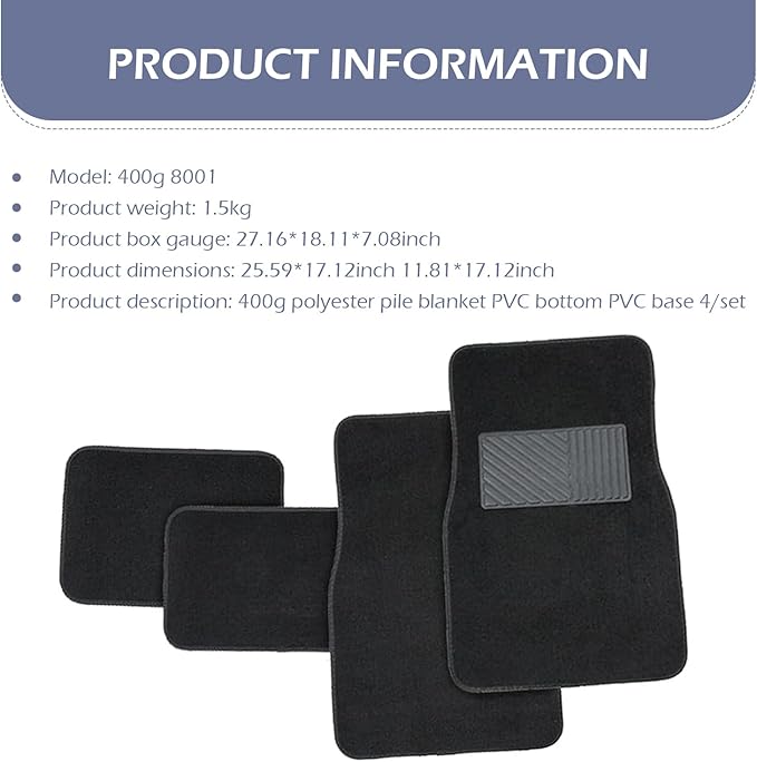 4 PCS Car Mat Kit, Anti-slip Automotive Carpet Floor Mat, Flame Retardant PVC Vehicle Protection Floor Pad, Universal for Most Cars SUVs (Black)