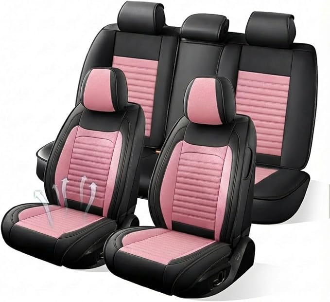 Car Seat Covers Full Set Fit for Toyota RAV4 2001-2025, Premium Faux Leather Car Seat Protector,Breathable Anti-Slip Full Wrapping Edge Seat Covers(Black&Pink,Full Set)