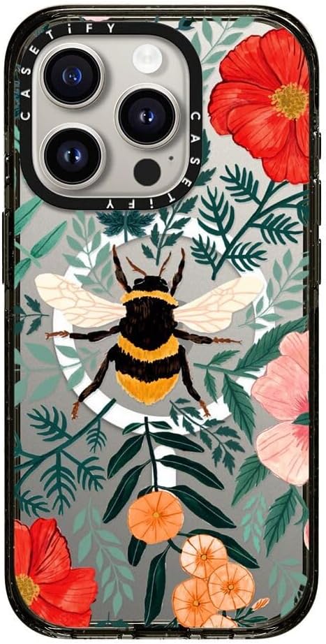 CASETiFY Impact Case for iPhone 15 Pro [8.2ft 4X Military Grade Drop Protection/Compatible with Magsafe] - Bee in The Flowers by Papio Press - Clear Black