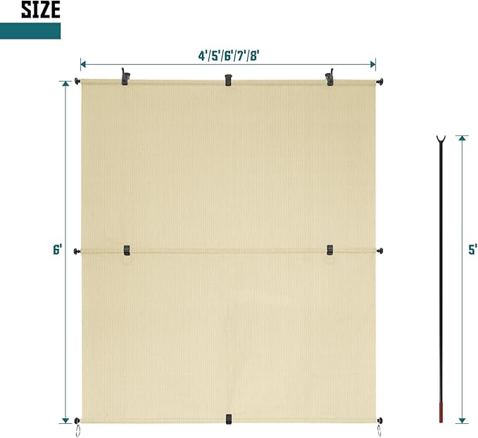 Bynbbur 8'W x 6.5'H Outdoor Patio Shades Foldable Roller Blinds, 220 GSM Sun Shade Roll Up Porch Screens Exterior Shade Cloth for Deck Pergola Backyard, Beige