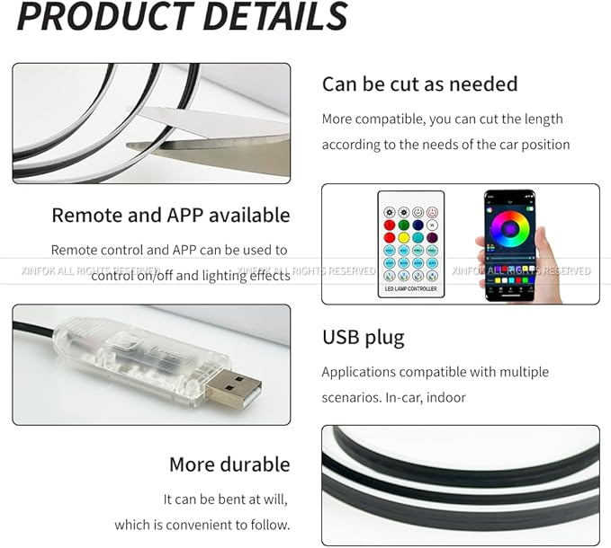 Ambient Lighting Car Led Lights Interior,43.3’’ USB Powered Acrylic Neon Flexible Strip Fiber Optic LED Ambient Lighting Kits with Remote APP, RGB Music Lights Sync for Inside car Dashboard