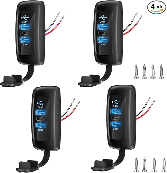 4PCS 3 Ports 12V RV USB Outlet 72W, Type-C PD3.0 Quick Charge & Dual QC3.0 Panel Wall Surface Mount, Automotive Car Multi-Port USB Socket Charger Adapter for RV Marine Boat Bus Camper ATV Truck