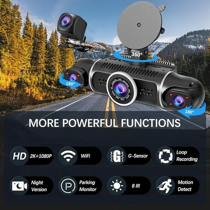 4 Channel Dash Cam Front and Rear Inside Back 360° FHD 2K Dash Camera for Cars, WiFi, GPS, G-Sensor, WDR 24/7 Parking Mode, 170° Wide Angle, Loop Recording, Night Vision, APP, with 64GB Card
