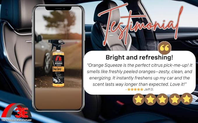 3E Car Air Freshener Premium Orange Squeeze Scent 16 fl oz – Professional Automotive Air Freshener & Odor Eliminator, Long-Lasting Interior Fragrance for Cars, Trucks, SUVs, RV, Home & Office (ORANGE)