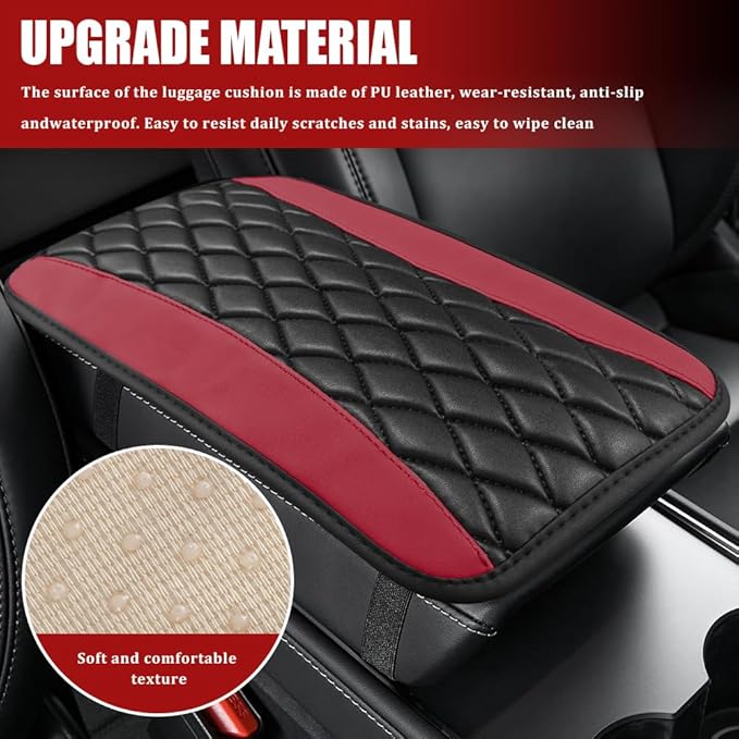 Car Center Console Cushion Pad, Armrest Cover for Car, Leather Waterproof Armrest Seat Box Cover, Auto Accessories Comfortable Arm Rest Box Cushion Pad for Most Vehicles (Wine Red)