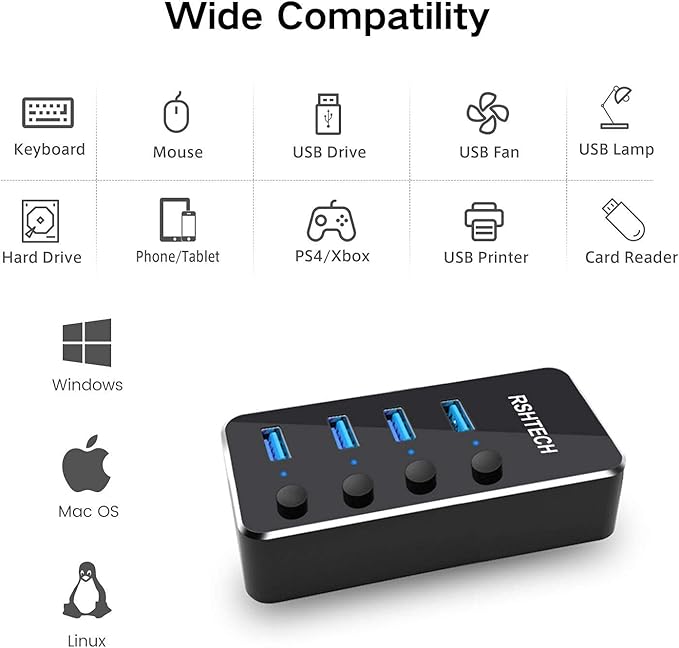 Powered USB hub RSHTECH 4 Port USB C to USB 3.0 Port Hub Expander Aluminum Portable USB 3.0 hub Splitter with 5V AC Adapter and Individual On/Off Switches (RSH-516-C)