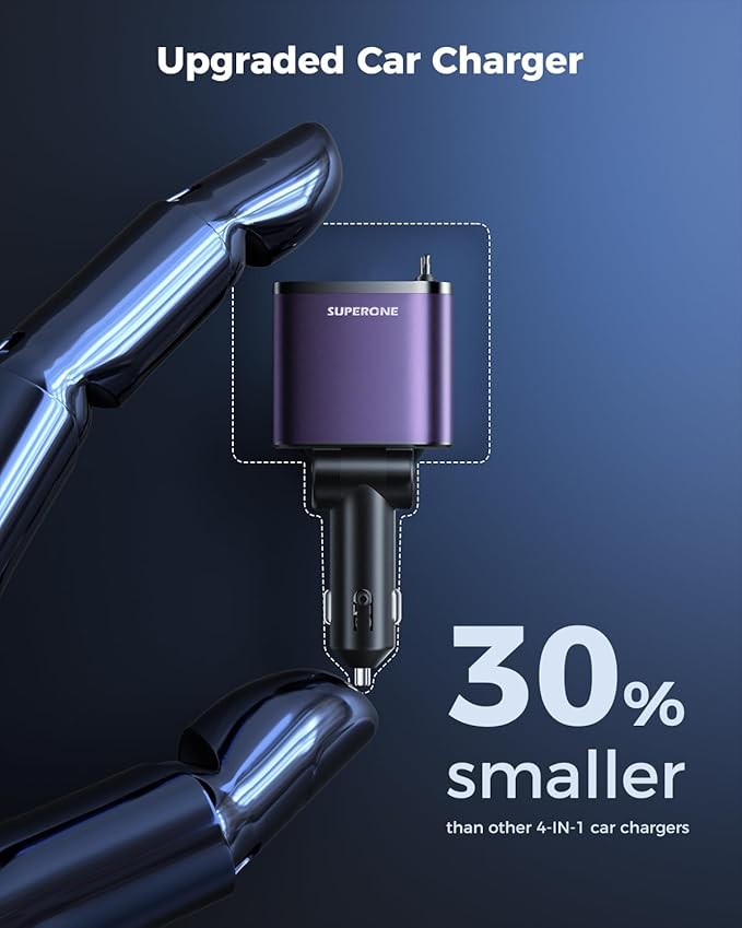 [Upgraded] 6 in 1 Retractable Car Charger, SUPERONE Smaller Fast Car Phone Charger 99W with Cord, USB C and iPhone Car Charger Adapter, Compatible iPhone 17/17 Pro Max/16/15/14/13/12/11, Sumsung
