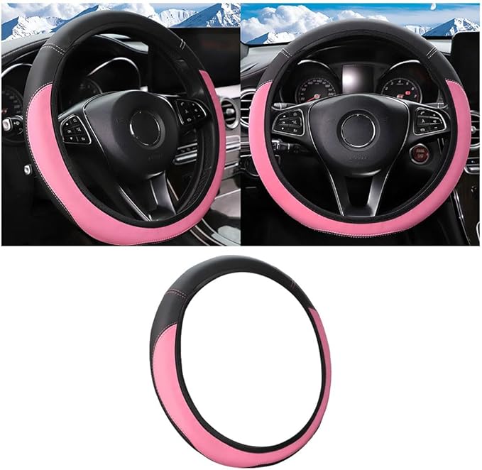 Car Steering Wheel Cover, Leather Elastic No Inner Ring Vehicle Steering Wheel Protector for 14.5-15Inch, Anti Slip Auto Interior Protection Accessories, Universal for SUV Sedan Truck (Pink)