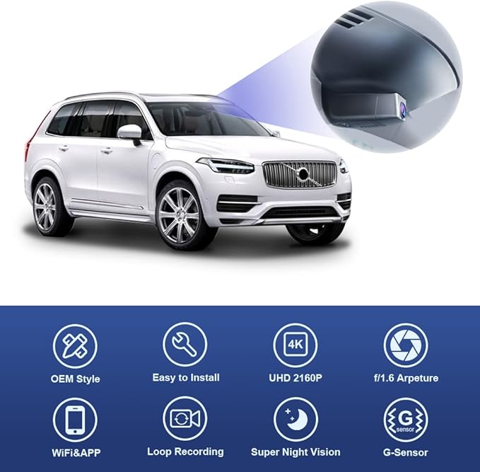 Fitcamx 4K Dash Cam Suitable for Volvo XC90 2016-2022 T5 T6 T8 (Model A), Integrated OEM Style, UHD 2160P Video, Built-in WiF&APP, Loop Recording, G-Sensor, Easy to Install, 64GB Card