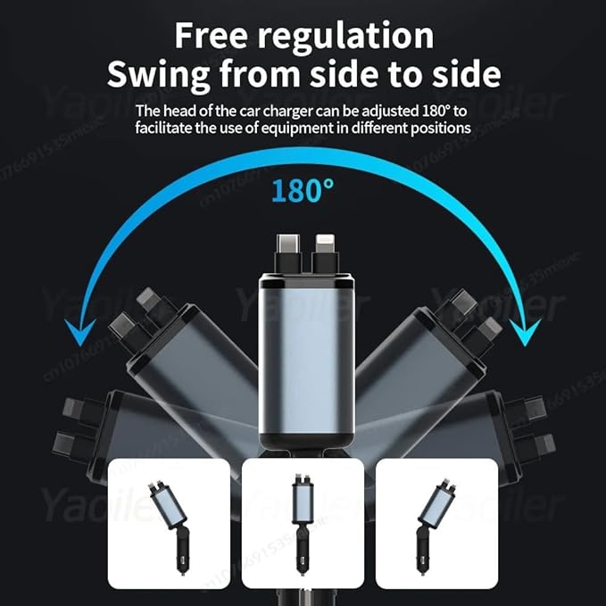 Retractable Car Charger 4 in 1 Fast Car Phone Charger | RGB Starlight | 2 Retractable Cords (Type C + iOS) with Additional 2 Ports | Charge 4 Devices | Compatible with Android & iPhone Models
