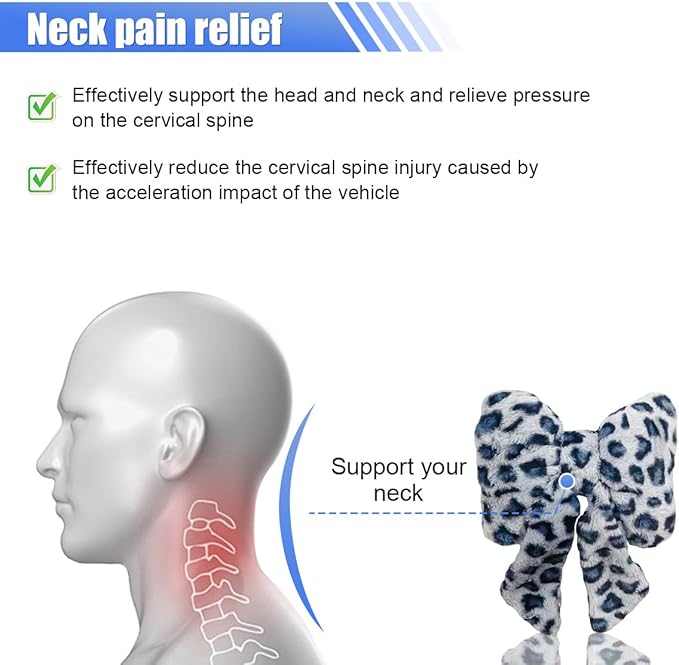 2PCS Cute Bow Car Headrest Pillow, Soft Breathable Leopard Plush Car Neck Support Pillow, Comfortable Warm Ergonomic Auto Interior Head Rest Cushion for Women, Girl (Blue)