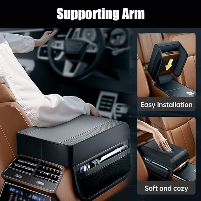Universal Car Armrest Booster Cushion, 2024 New Memory Cotton Car Armrest Box Pad Auto Center Console Pad, Upgrade Waterproof Car Center Console Cover Pad Elbow Rest Box Covers (Black)