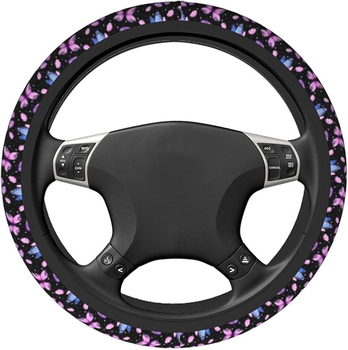 Purple Butterfly Steering Wheel Cover - Beauty Butterfly Wheel Cover Anti-Slip Breathable Universal for 15 Inch Car Steering Wheel Cover with 2 Pieces Car Coasters Suitable for Men Women