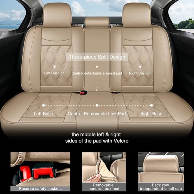 AOMSAZTO Car Seat Cover Full Set 5 Seats Fit for Nissan Kicks 2018 2019 2020 2021 2022 2023 2024 2025 2026 Leather Car Seat Cushion Protector Compatible Airbag Waterproof Automotive Seat Covers Beige