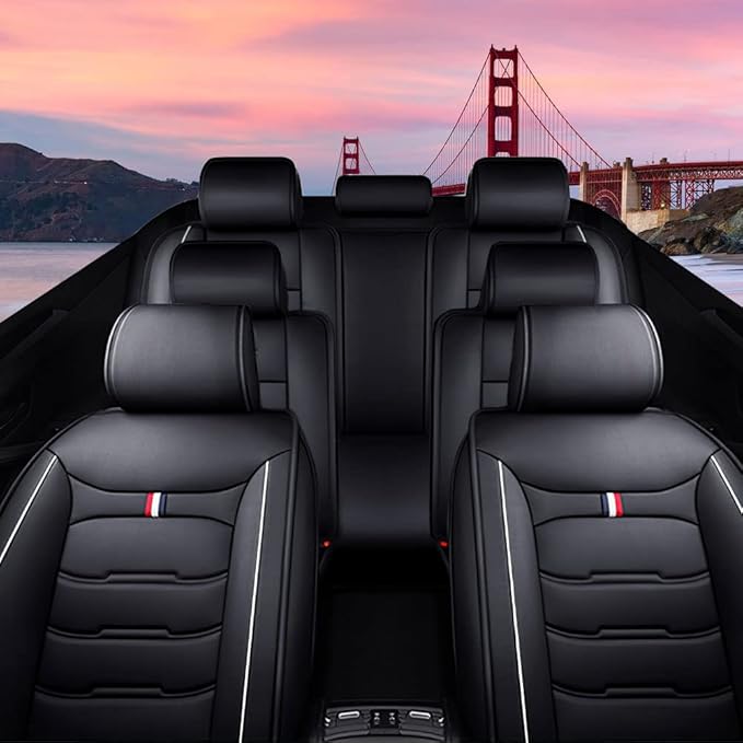Car Seat Cover 7 Seats for Toyota Highlander 2001-2025, Waterproof Durable Premium Leather Car Seat Protector, Comfortable Anti-Slip Stylish Sport Seat Cover(7 Seats Standard,Black White)