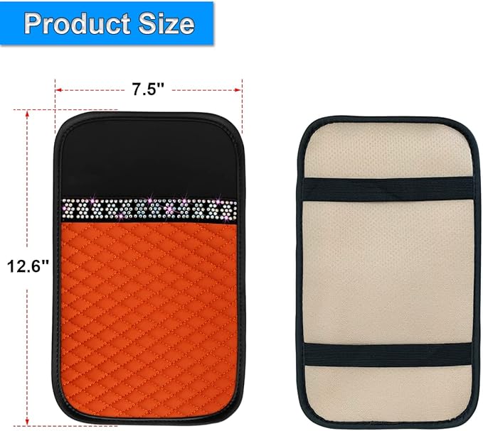 Bling Leather Car Center Console Cover, Car Center Console Protector With Glossy Crystal Rhinestone, Universal Waterproof Car Armrest Seat Box Cover For Most Car, Vehicles, SUVs, Trucks (Orange)