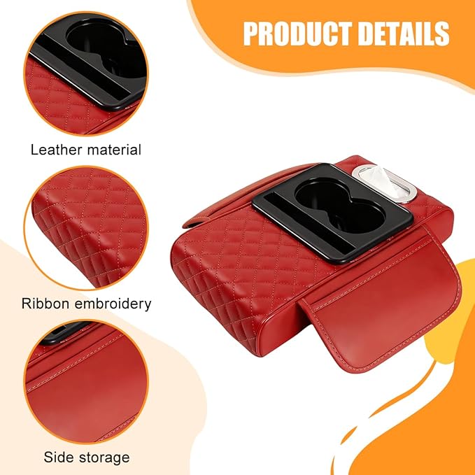 Car Armrest Cushion, 5-in-1 Nappa Leather Vehicle Centre Console Cover with 2 Storage Pockets, Cup Phone & Phone Holder, Multifunctional Auto Organiser Accessories, Universal Fit (Wine Red)