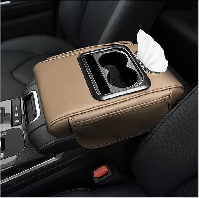 Car Center Console Armrest Pillow, Multifunctional Armrest Box Cover with Cup Phone Tissue Holder & Side Pockets, Waterproof Leather Middle Console Cushion for Most Vehicles (Beige, Normal)