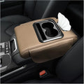 Car Center Console Armrest Pillow, Multifunctional Armrest Box Cover with Cup Phone Tissue Holder & Side Pockets, Waterproof Leather Middle Console Cushion for Most Vehicles (Beige, Normal)