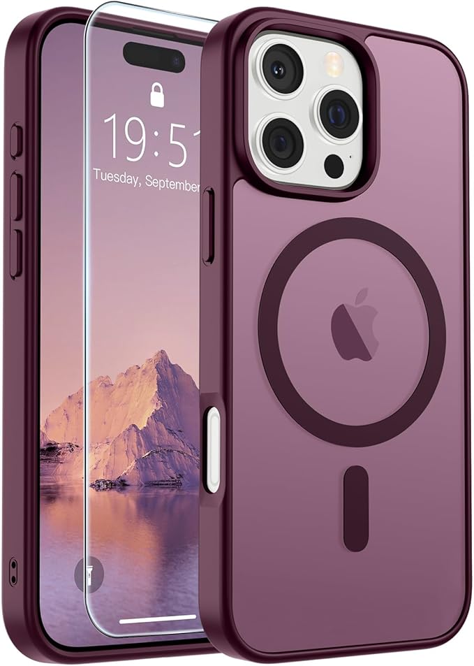 SUPFINE Magnetic for iPhone 16 Pro Max Case (Compatible with MagSafe) (Military Grade Drop Protection) Slim Translucent Matte Shockproof with Anti-Fingerprint Phone Case, Wine Red