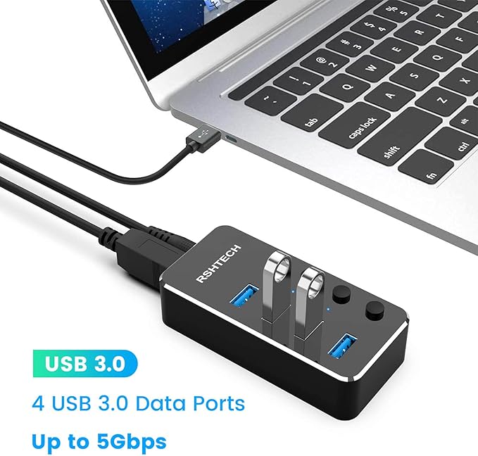 Powered USB hub RSHTECH 4 Port USB C to USB 3.0 Port Hub Expander Aluminum Portable USB 3.0 hub Splitter with 5V AC Adapter and Individual On/Off Switches (RSH-516-C)