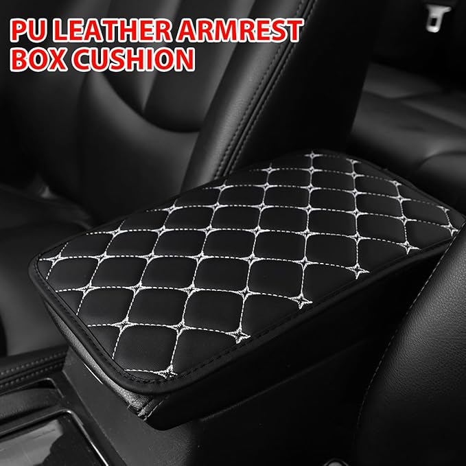 HZEL Car Center Console Cushion Pad, PU Leather Vehicle Armrest Protection Cover, Waterproof Automotive Interior Arm Rest Seat Box Mat Accessories, Universal for SUV, Sedan, Truck (Black/White)