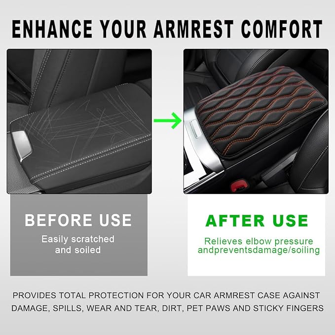 Car Center Console Cushion Pad, 12.48×7.40 Inches Waterproof Car Armrest Seat Box Cover, Comfortable PU Leather Vehicle Armrest Cover Protector, Car Decor Interior Accessories (Black＋Orange)