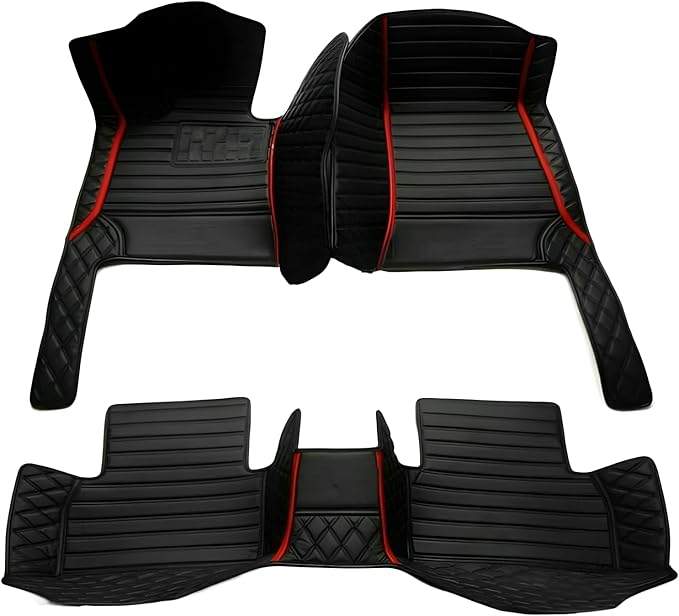 Customize Car Floor Mats for 99% Sedan SUV Sports Car All Weather Leather Full Coverage Waterproof Non-Slip Vehicle Lining Pads (Black red Splicing)