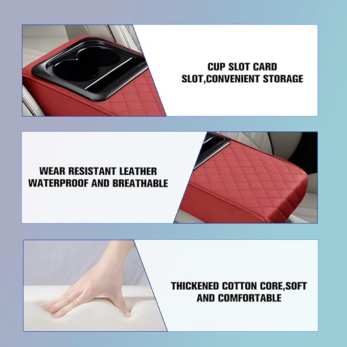 Car Center Console Armrest Pillow, Vehicle Armrest Seat Box Cushion Pad with Cup Holder & Phone Holder, Comfortable Auto Middle Console Cover, Universal for SUV RV Truck (Diamond, Wine Red)