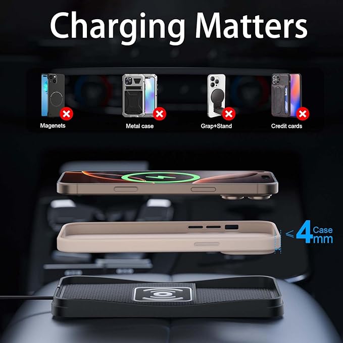 Car Wireless Charger Pad for Toyota Tacoma 2000-2025, Fast Car Wireless Charging Pad for Car Center Console, Non Slip Charging Mat,1M-USB