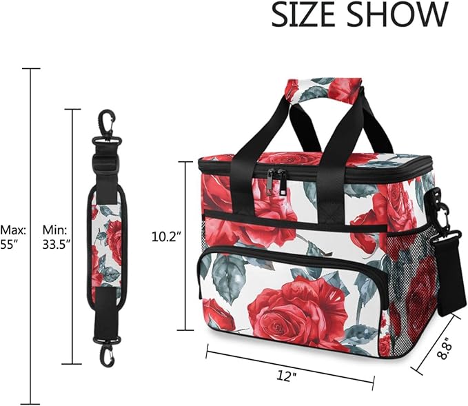 Red Rose Flower Cooler Bag Insulated Cooler Soft Sided Cooler 24 Can Portable Picnic Bag Large Leakproof Lunch Bag Box for Beach Grocery Camping Travel Car Men Women