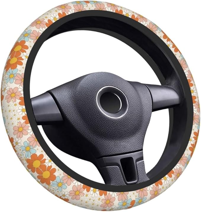 Elastic Steering Wheel Cover Car Accessories Cute Universal 15 Inch Absorbing Sweat Non-Slip Breathable for Woman - Colorful Daisy