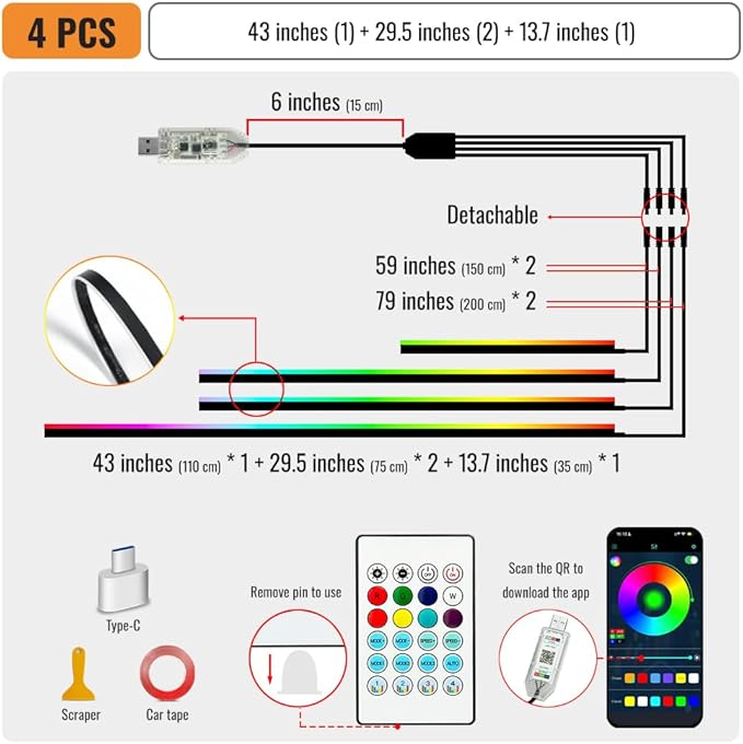 Ambient Lighting Car Led Lights Interior with APP, USB Powered Acrylic Neon Flexible Strip Fiber Optic LED Ambient Lighting kit,4 in 1 Car Center Console Dashboard RGB Sound Active Music Lights Sync