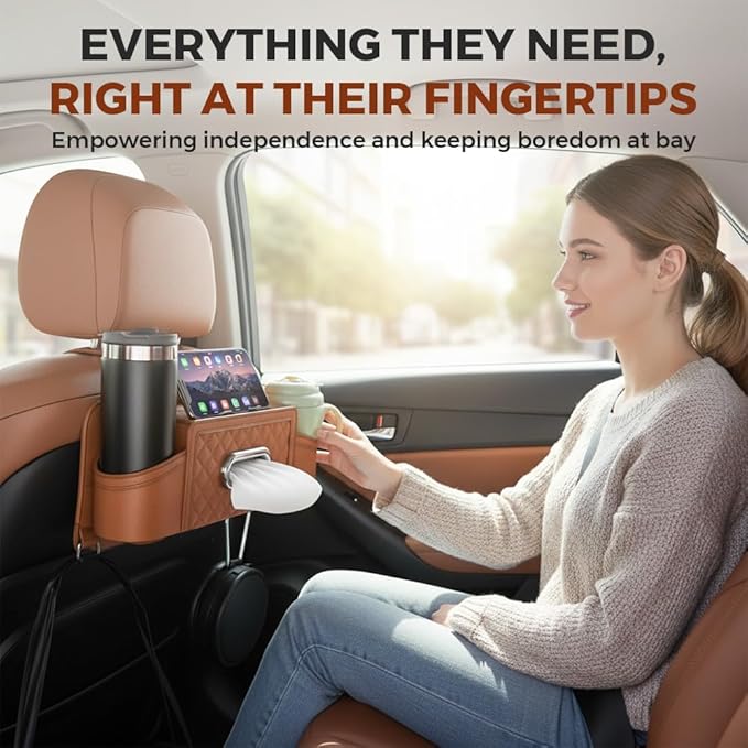 3-in-1 Car Backseat Organizer with Cup Holder Tissue Box and Hooks, Multifunctional Car Seat Back Storage Box, Car Headrest Backseat Organizer for Travel SUV Sedan Truck Car Accessories (Brown)