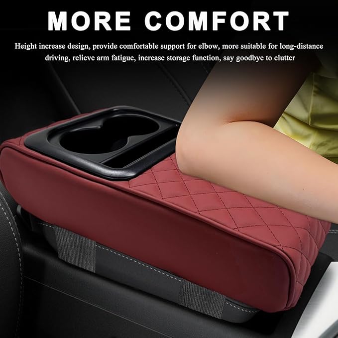 Car Center Console Armrest Pillow, 14"×8.3" Waterproof Leather Armrest Box Cover with Cup and Phone Holder, Soft Memory Foam Arm Rest Console Pad Protector for SUV Truck (Wine Red, Embroidery)