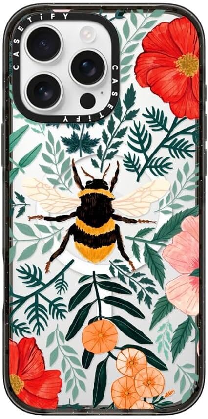 CASETiFY Impact Case for iPhone 16 Pro Max [8.2ft 4X Military Grade Drop Protection/Compatible with Magsafe] - Bee in The Flowers by Papio Press - Clear Black