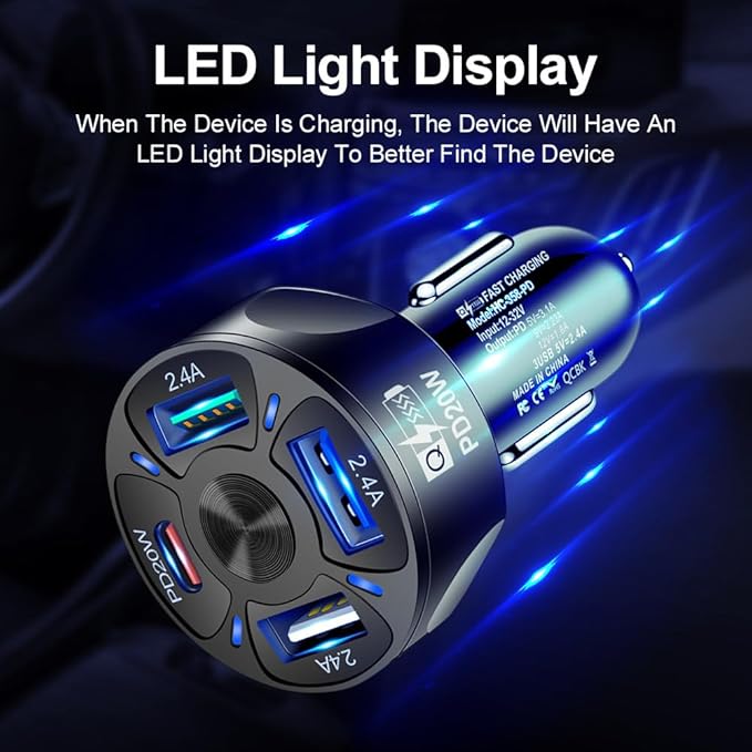4 Port USB Fast Charging Cigarette Light Car Charger 3 * 2.4 A USB/ 1 PD20W LED Light Compatible with Tablets Cameras iPhone 14 13 12 11 Pro Max X XR XS Samsung Galaxy Series Google Pixel (White)