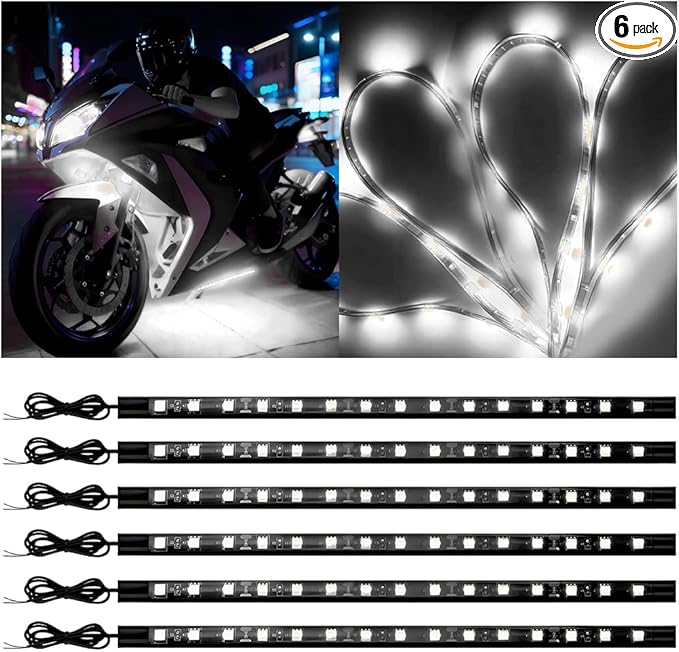 Motorcycle RGB LED Light Kit, 6PCS DC 12V Waterproof Motorbike Underglow Strip Lights Kit, Golf Cart Exterior Ground Effect Atmosphere Lamp, Universal for SUV RV Truck (White)