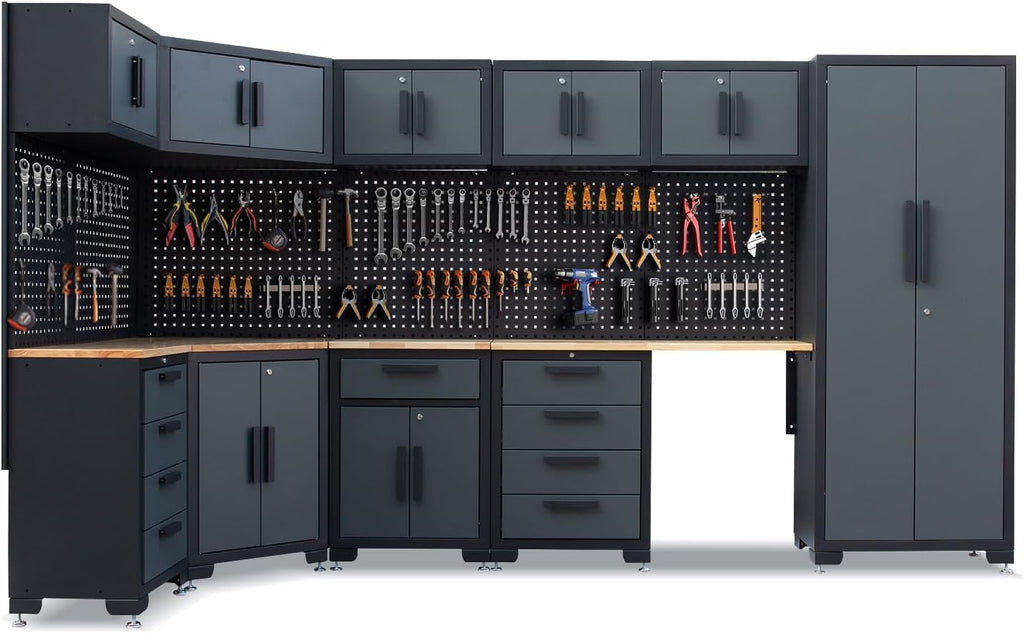 15-Piece Corner Garage Storage Cabinet System - Heavy Duty Workshop Set w/Corner Cabinet Includes Workbench, Pegboard & Lockable Drawers | Metal Tool Organization System for Garage/Workshop