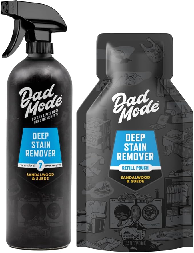 DadMode Laundry Stain Remover | 7-Enzyme Spray for Deep, Aged, Set-In Clothing Stains | Enzyme Booster Cleans Bodily Fluids, Oil, Wine, Turmeric | Sandalwood & Suede | 16oz Bottle + Refill Pouch