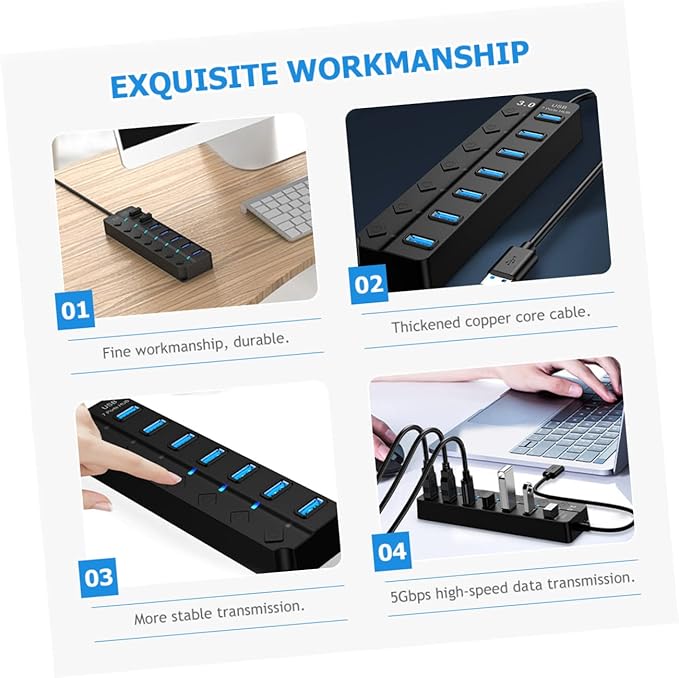 OSALADI USB Hub Individual Off Port USB Splitter for Laptop and Computer High-Speed Data Transfer Led Indicator Thick Core Cable for Power Supply