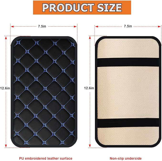 HZEL Car Center Console Cushion Pad, PU Leather Vehicle Armrest Protection Cover, Waterproof Automotive Interior Arm Rest Seat Box Mat Accessories, Universal for SUV, Sedan, Truck (Black/Blue)