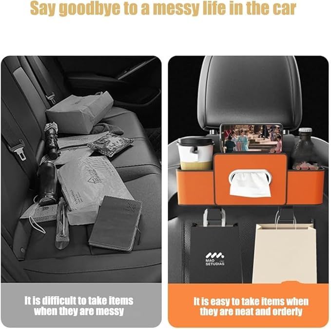 Car Multifunctional Seat Back Waterproof Storage Bag, Multifunctional & Waterproof Car Back Seat Organizer with 2 Cup Holders&Hooks, Hanging Storage Box for Most Cars (brown)