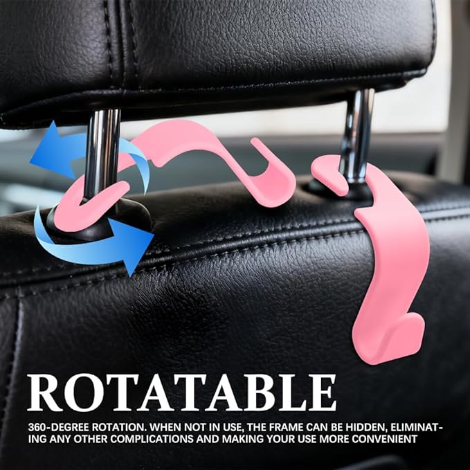 4PCS Car Seat Headrest Hooks, Purse Hook for Car, Auto Back Seat Organizer Storage Hanger Holder, Auto Accessories Multi-Use Portable Headrest Organizer Holder for Purse Handbag Coats (Pink)
