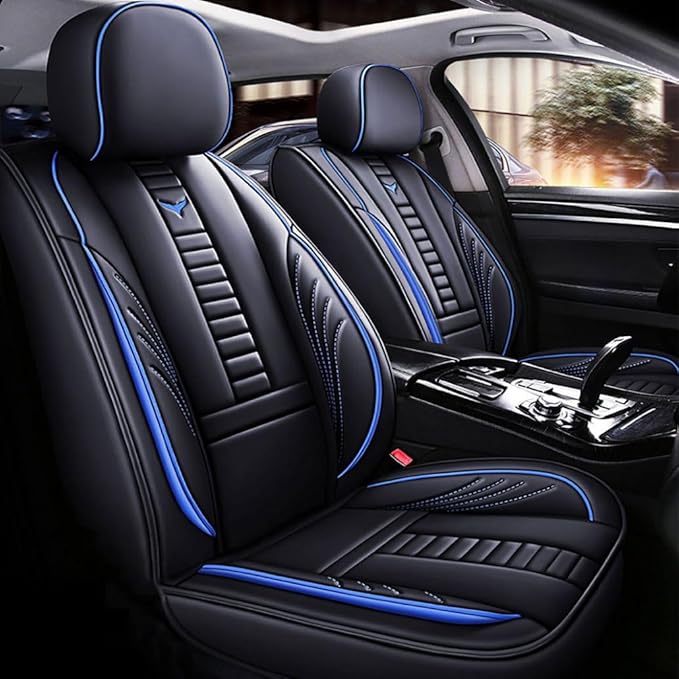 for Chevy Equinox Seat Covers 2005-2026, Full Coverage Customized Car Seat Covers, Premium Leather Waterproof Stain-Resistant Easy to Install (Standard 5 Seats, Black&Blue)