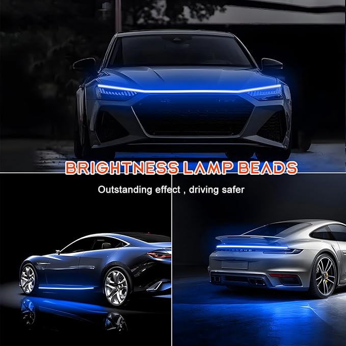 Car Hood Light Strip, 59 Inches Flexible DRL Dynamic Scan Start up Hoodbeam Kit, Waterproof 12V LED Headlight Strips Engine Cover Decoration, Exterior Car Accessories