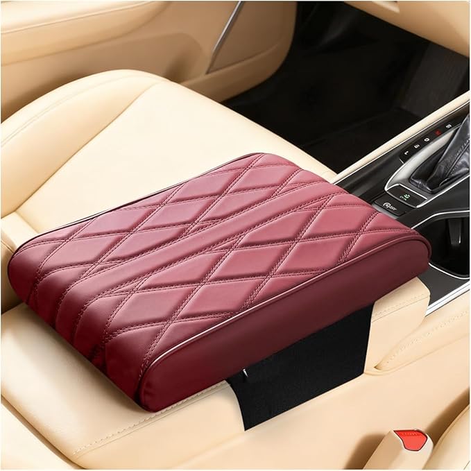 Car Center Console Cover, Memory Foam Leather Vehicle Armrest Seat Box Pad Protector, Comforable Waterproof Automotive Center Middle Cushion Mat Accessories, Universal Fit (Wine Red)