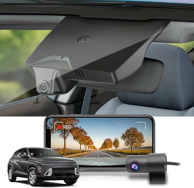 Fitcamx Front 4K+Rear 1080P Dash Cam Adapts for Hyundai Kona 2023 2024 2025 & Kona Electric (Part No#BE010), Integrated OEM Look, Dual Loop Recording, WiFi & APP, G-Sensor, Easy to Use, 128GB Card