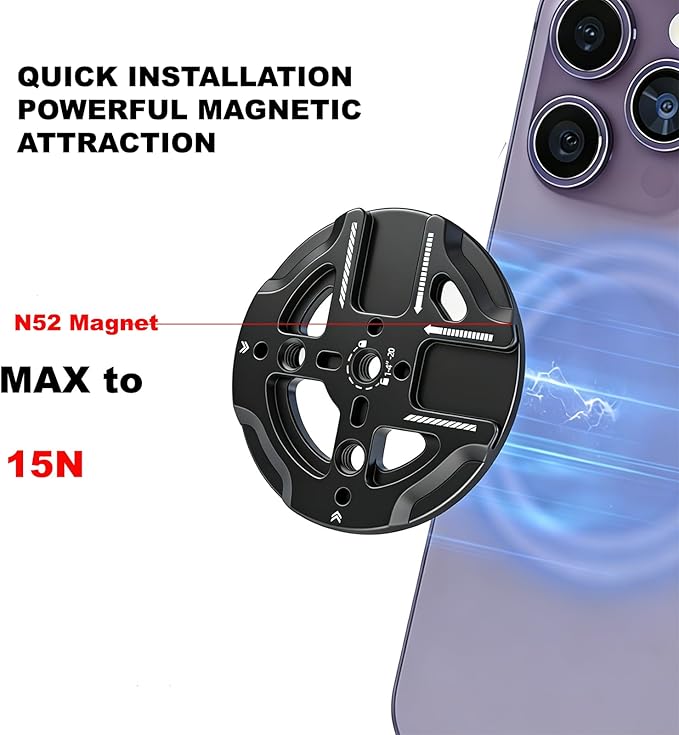 Magnetic Tripod Mount Adapter with 1/4" Threads & Multi-Angle Arri Holes, MagSafe Compatible Stand for iPhone 16 Pro Max, 15 Plus, 14, 13, 12 Mini - ME60 (MS60-BLK)