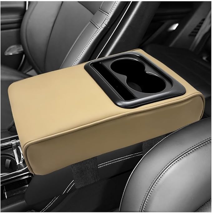 Car Center Console Armrest Pillow, 14"×8.3" Waterproof Leather Armrest Box Cover with Cup and Phone Holder, Soft Memory Foam Arm Rest Console Pad Protector for SUV Truck (Beige, Glossy)